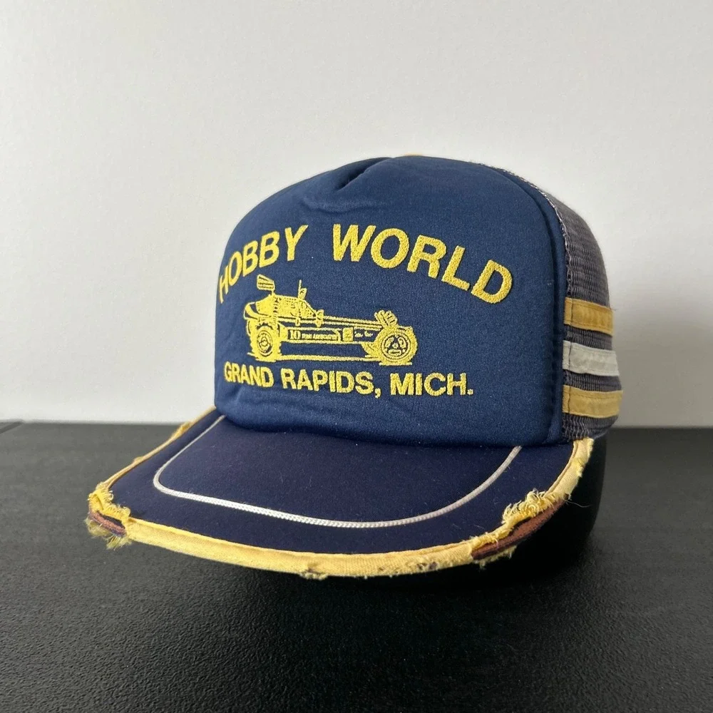 Vintage 80s Hobby World 3 Stripe Trucker Hat Cap Snap Back Adjustable Blue GR MI